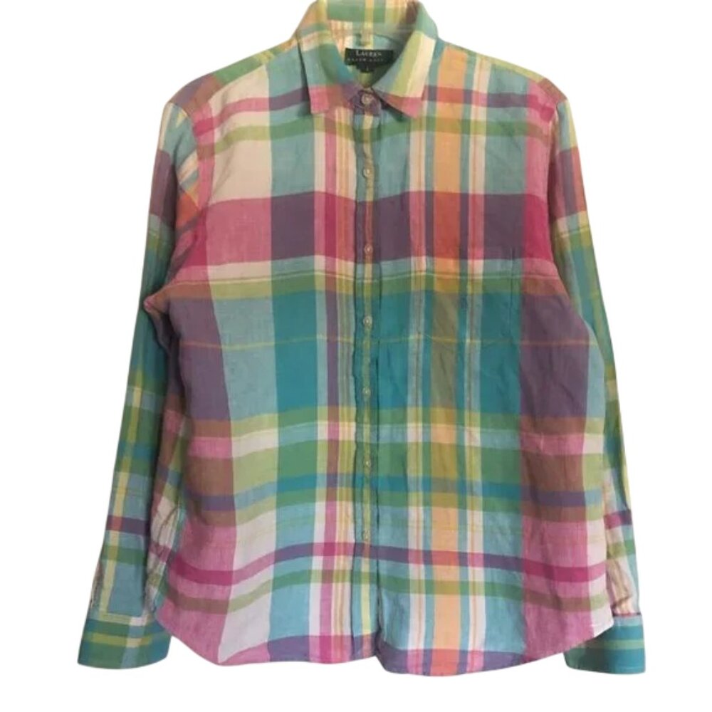 Vintage  Ralph Lauren LRL 100% Linen Bright Plaid Blouse Size Large